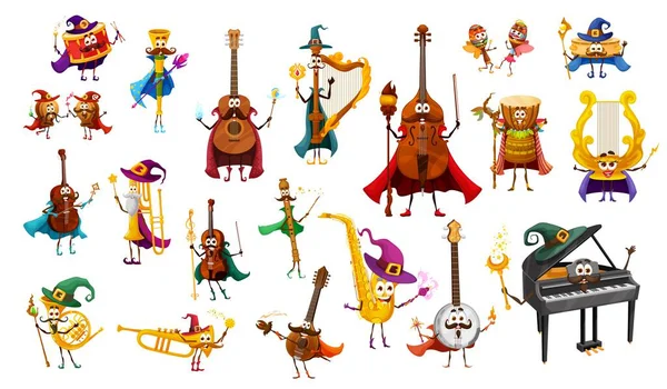 Cartoon Musical Instrument Wizard Warlock Fairy Witch Magician Sorcerer Characters — Stockvector