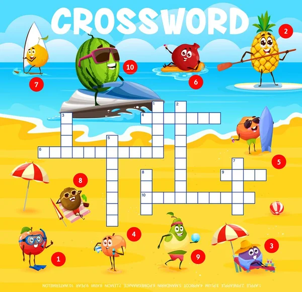 Crossword Raster Cartoon Vrolijk Fruit Karakters Zomer Strand Vakantie Quiz — Stockvector