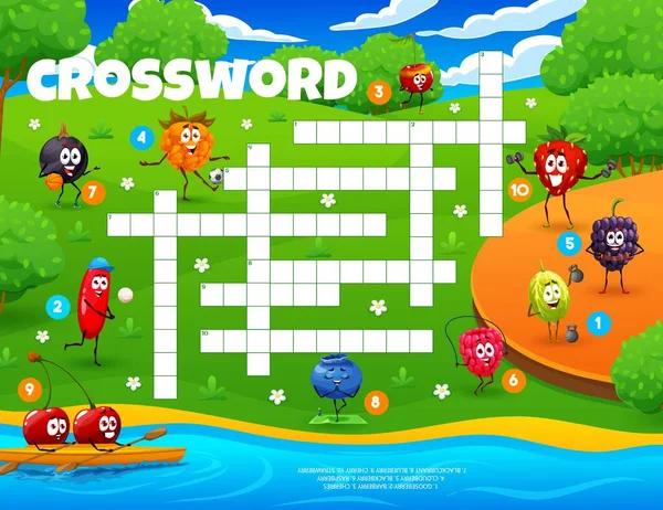 Kreuzworträtsel Cartoon Figuren Sommerurlaub Quiz Spiel Für Kinder Mit Vektorstachelbeeren — Stockvektor