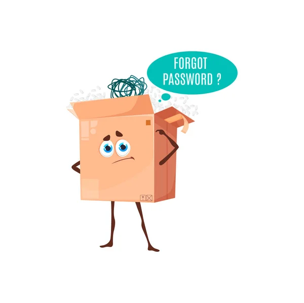 Forgot Password Cartoon Parcel Box Character Pensive Cardboard Package Scratching — Vettoriale Stock