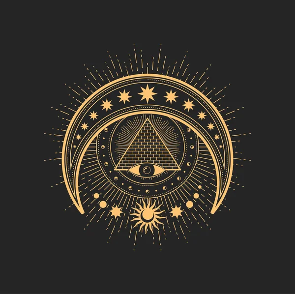 Crescent Eye Providence Egyptian Pyramid Moon Stars Sun Esoteric Occult —  Vetores de Stock