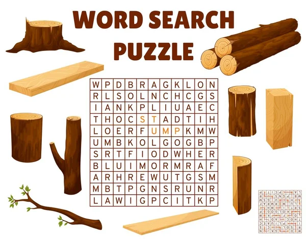Timber Lumber Word Search Puzzle Game Worksheet Vector Crossword Kids — Vector de stock