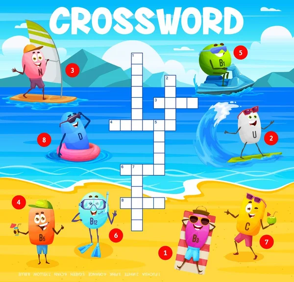 Crossword Grid Cartoon Vitamin Characters Summer Vacation Quiz Game Funny — Vector de stock