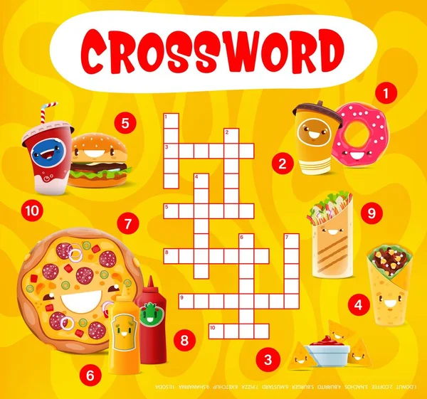 Crossword Quiz Game Grid Funny Cartoon Takeaway Fast Food Characters — Vettoriale Stock