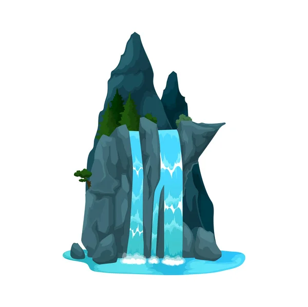 Cartoon waterfall, water cascade or mountain river streams with splashes and stone hill. Vector nature landscape of mountain river waterfall falling over rocks with pine and fir trees