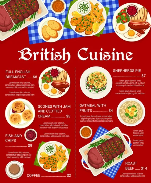 Britská Kuchyně Pokrmy Menu Šablony Ryby Hranolky Anglická Snídaně Vejci — Stockový vektor