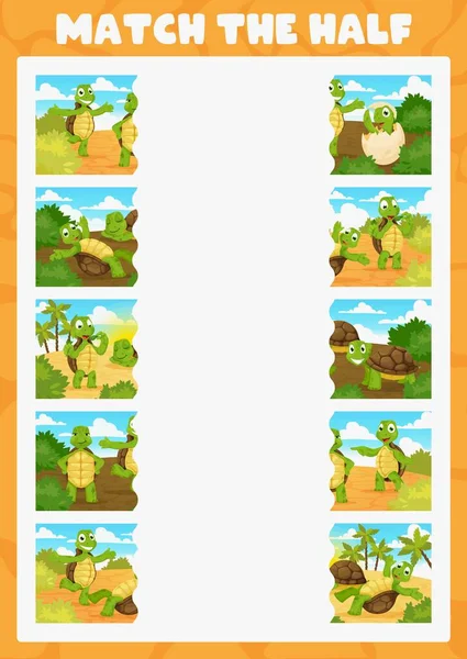 Match Half Game Worksheet Cartoon Turtle Animal Characters Part Search — 图库矢量图片