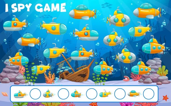 Cartoon Underwater Submarine Bathyscaphe Spy Game Worksheet Kids Vector Riddle — Stock Vector