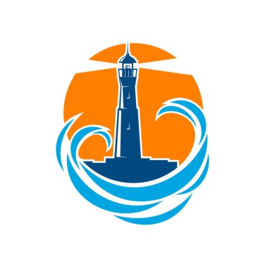 Deniz feneri ya da deniz ve okyanus dalgalı fener. Projektör ışınlı vektör kulesi, mavi su sörfü ve günbatımı gökyüzü izole sembolü, deniz seyrüsefer ve deniz güvenliği temalı