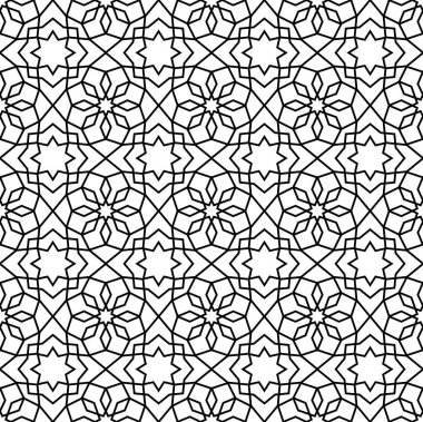 Arabesk Arapça süslemeli, kusursuz vektörlü Mashrabiya desenli arka plan. Geometrik motif örgülü Maşrabiya fayansı veya Arap Müslüman mozaiği, Arap İslami veya Türk arabesk desenli