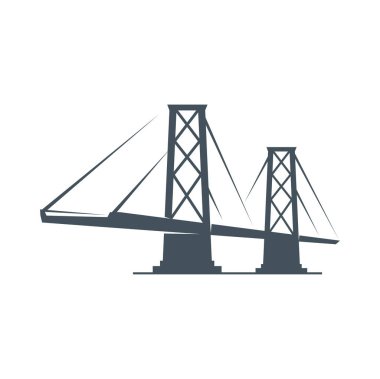 Köprü ikonu, inşaat, ulaşım ve endüstriyel yapı şirketi vektör sembolü. Şehir ulaşımı, şehir iletişimi veya inşaat şirketi için köprü kemer kuleleri silueti amblemi