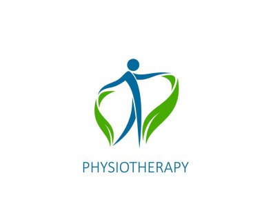 Fizyoterapi, kayropraktik uygulama ikonu. Fizyoterapi doktoru, ortopedik rehabilitasyon merkezi veya sırt ağrısı tedavi vektör sembolü. Omurga sağlığı terapisti insan figürüyle imza atıyor.