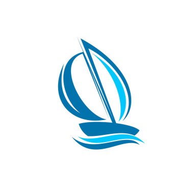 Yat teknesi, okyanus yolculuğu ikonu. Yatçılık spor kulübü, denizcilik macerası ya da denizcilik yarışları şampiyonası vektör amblemi. Okyanusta yelkenli teknesi olan gemi taşıma şirketi sembolü veya simgesi