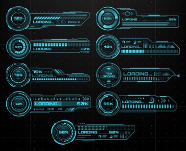 HUD fütüristik yükleme çubukları, Sci Fi kullanıcı arayüzü ve dijital teknoloji, vektör ekran UI. HUD oyun çubukları yükleme ve gelecekteki teknik süreç yükleme veya durum hologramlı donwload torpido