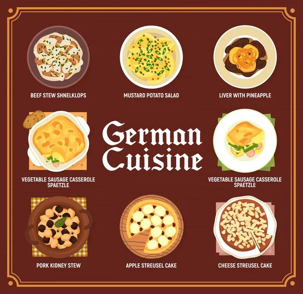 ドイツ料理メニュー ドイツ料理と食事 ベクトルレストランランチとディナー ドイツ料理牛肉シチューSchnelklopsとキャセロールソーセージのSpaetzle アップルとチーズのストロールケーキ — ストックベクタ