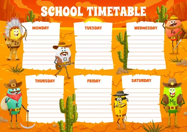 School Timetable Schedule Wild West Cartoon Cowboy Sheriff Bandit Robber — Stock Vector