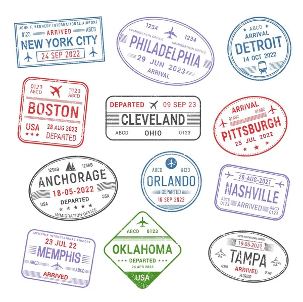 护照旅行印章 美国城市 美国旅行 移民签证 带有纽约 波士顿和克利夫兰的飞机国际飞行矢量油墨标签 匹兹堡 安克雷奇邮票 — 图库矢量图片