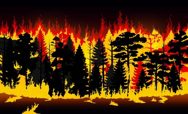森林大火 烧毁树木和草地 病媒野火 漫漫自然灾害燃烧的树木 植物和灌木丛与烟云和火焰 野火背景 森林火灾自然景观 — 图库矢量图片