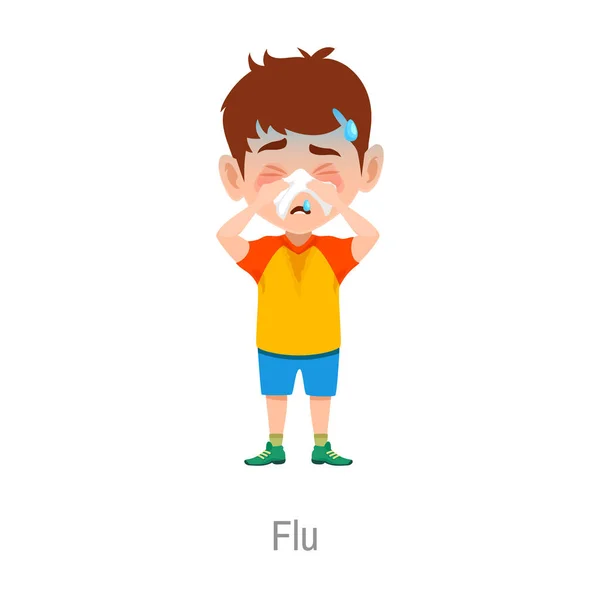 Enfant Atteint Grippe Vecteur Isolé Garçon Malade Avec Fièvre Nez — Image vectorielle