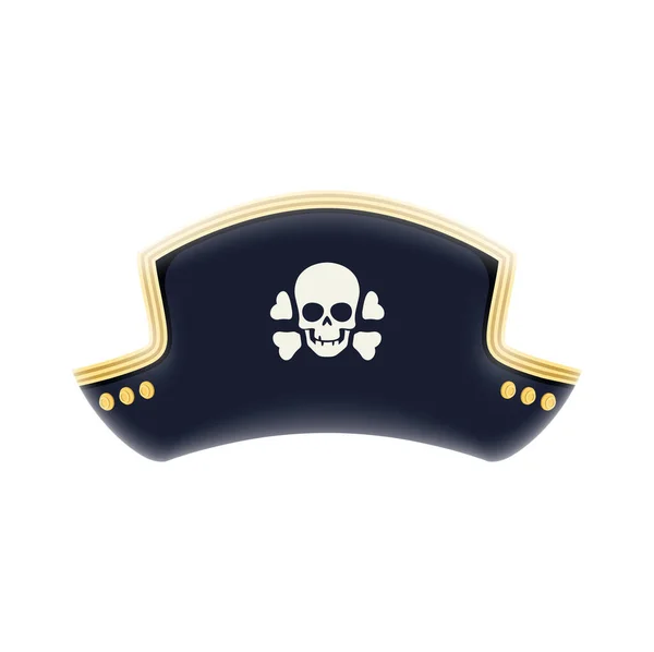 漫画の海賊船長トリコーンは帽子をかぶった 海賊衣装アクセサリー コルセア古典的なヘッドギアやフィルムバスター服ベクトル要素 プライベートはジョリーロジャー人間の頭蓋骨と骨のシンボルと帽子を隔離しました — ストックベクタ