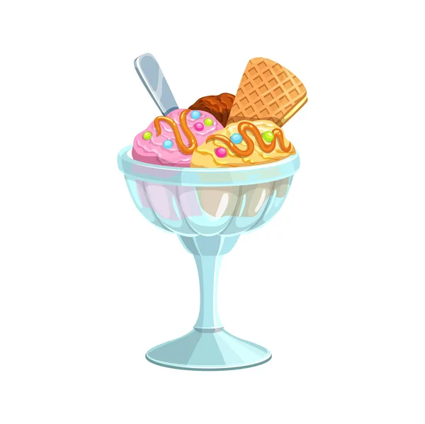 卡通冰淇淋圣代甜食在杯子里 向量勺巧克力 草莓和香草冰淇淋球碗与华夫饼 洒水和勺子 冻酸奶 番茄酱甜点 — 图库矢量图片