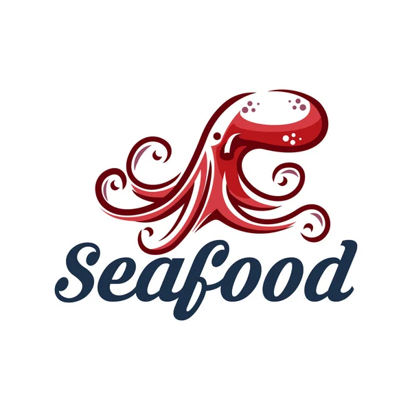 タコのシーフードアイコン レストランやバーの海の食品メニュー シーフードショップや新鮮な魚市場のベクトルエンブレム 釣り会社のアイコンや赤タコ軟質文字記号付きのシンボル — ストックベクタ
