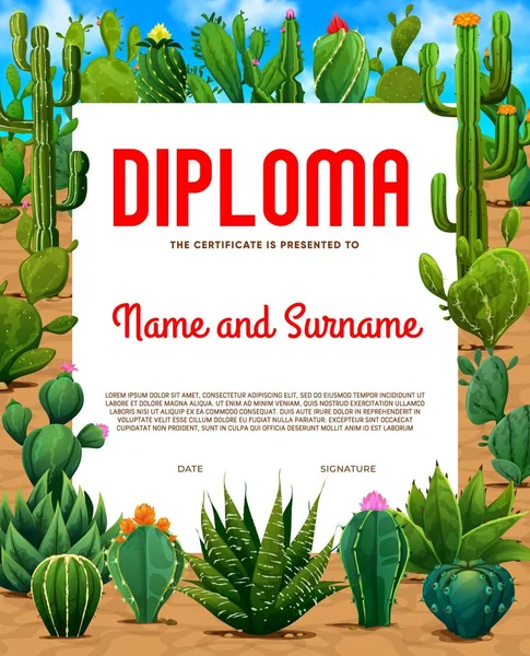 Kids Diploma Mexican Prickly Cactus Succulents Child Education Certificate Kids — Stock Vector