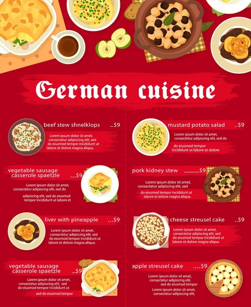 Menu Cuisine Allemande Plats Traditionnels Allemands Déjeuner Dîner Vectoriels Cuisine — Image vectorielle