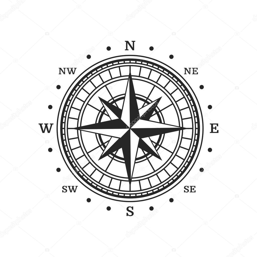 Old compass, vintage map wind rose vector symbol of nautical navigation, marine travel and adventure. Windrose star with north, south, west and east cardinal direction arrows, ancient compass rose