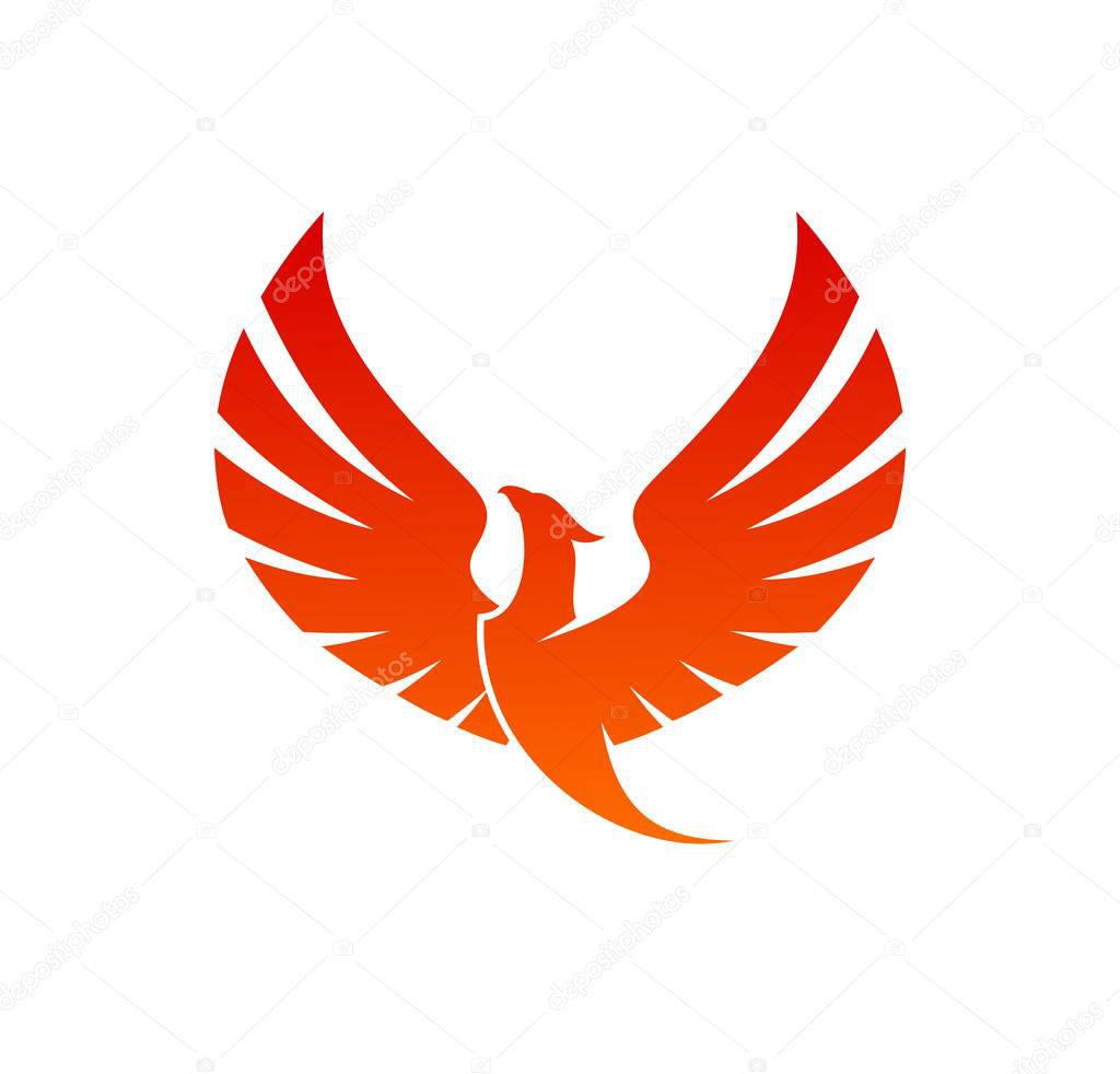 Phoenix bird with raised wings of red fire flames. Vector flying fenix or phoenix, fantasy firebird with flaming feathers and wings. Abstract burning eagle, falcon or hawk isolated heraldic emblem