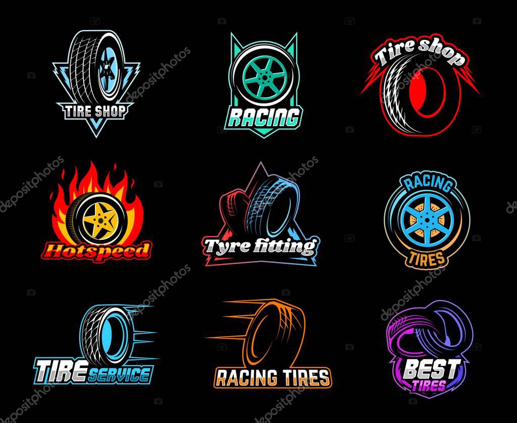 Tire or tyre icons, auto sport and race car wheels shop, automotive service vector symbols. Tire shop or tyre fitting service, racing automobiles repair or vehicle automotive service garage signs