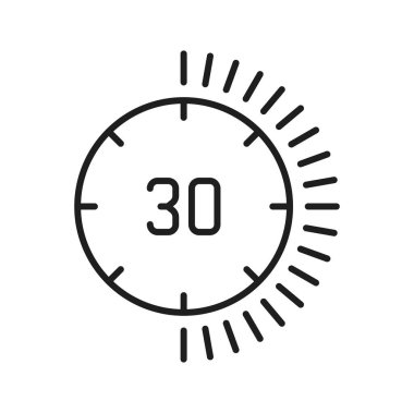 Hız takip cihazı 30 dakika içinde, son teslim tarihi simgesi. Vektör yarım saat ya da dakika, kronometre zamanlayıcısı. İnce çizgi geri sayım işareti, eğitim kronometresi