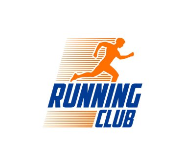 Maraton koşusu spor ikonu, yalıtılmış vektör amblemi çalışan erkek silueti ve hız izi. Sporcu, sporcu, şampiyonluk yarışması, koşucu figürlü profesyonel yarış etiketi