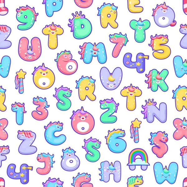 Kreskówkowe Słodkie Litery Jednorożca Bezszwowy Wzór Fairytale Zwierząt Alfabetu Tkaniny — Wektor stockowy
