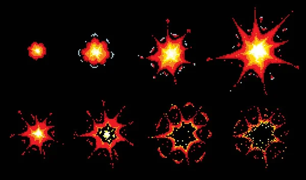 Pixel艺术爆炸和爆裂动画 8位爆炸 闪光效果动画小精灵片 复古视频游戏的向量Ui 像素艺术炸弹爆炸的帧序列 — 图库矢量图片