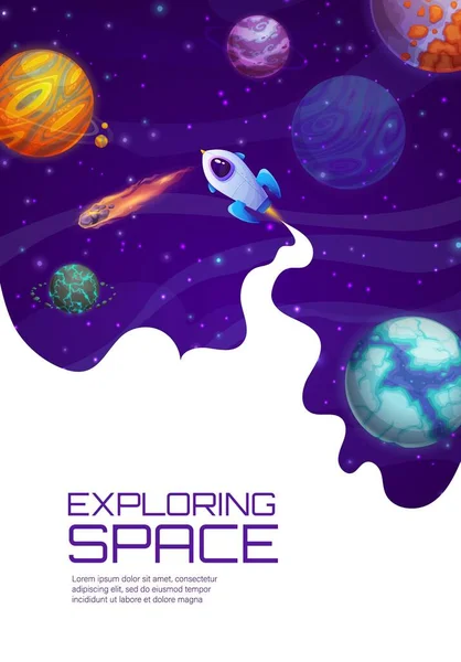 Espacio Página Aterrizaje Cohete Espacial Dibujos Animados Universo Galaxias Estrelladas — Vector de stock