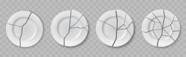 세라믹 접시들은 산산조각 현실적으로 고립된 부서진 세라믹흰 식기들이 갈라지고 기구들 — 스톡 벡터