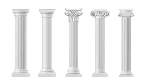 古罗马和希腊建筑元素的大理石柱和柱子 古代建筑或庙宇的矢量写实的经典柱子 白色石柱 柱顶华丽 垂直飘扬 — 图库矢量图片