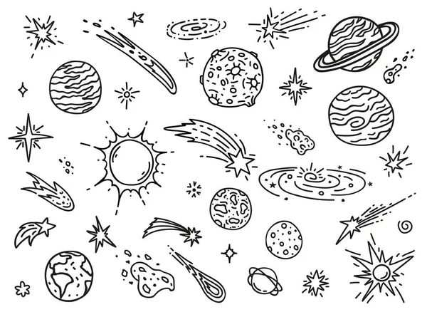 Doodle Space Planets 소행성 반사체는 스케치를 그렸습니다 은하계 태양계의 고립된 — 스톡 벡터