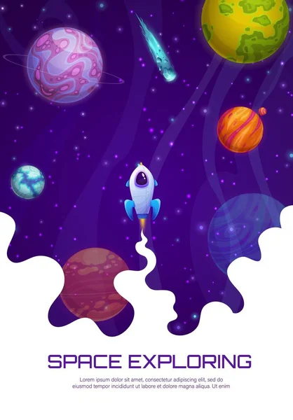 Espaço Página Destino Lançamento Foguetes Planetas Espaciais Asteróides Desenho Animado —  Vetores de Stock