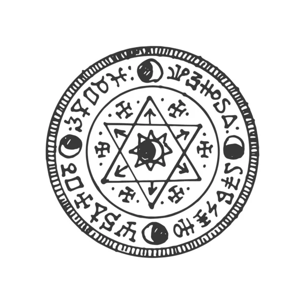 密教のお守り マンダラ 魔法のお守り孤立したサークル魔法の五角形のスケッチ ベクトル謎のモンスターやフリーメイソンのお守り 密教の紋章 — ストックベクタ