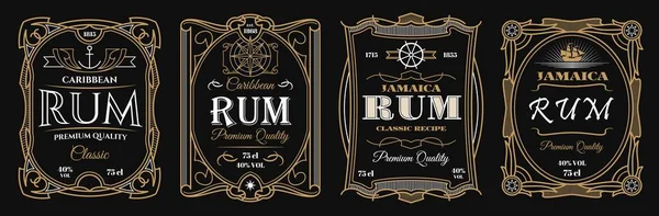 Vintage Rum Címkék Alkoholos Italos Flakon Vektorvékony Vonalú Kalózvitorlás Hajóval — Stock Vector