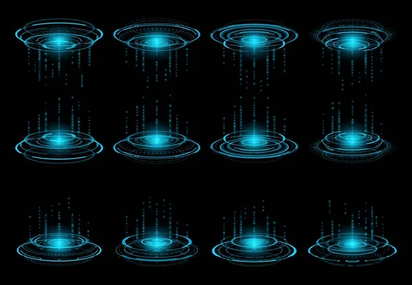 未来的な円形の仮想ポータルを隠す 仮想レーザー表彰台ホログラム 輝くネオンブルーポータルやゲームUi要素 ベクトルラウンドテレポーテーションリング Sci Fiワープまたはデジタルデータ転送コンセプト — ストックベクタ