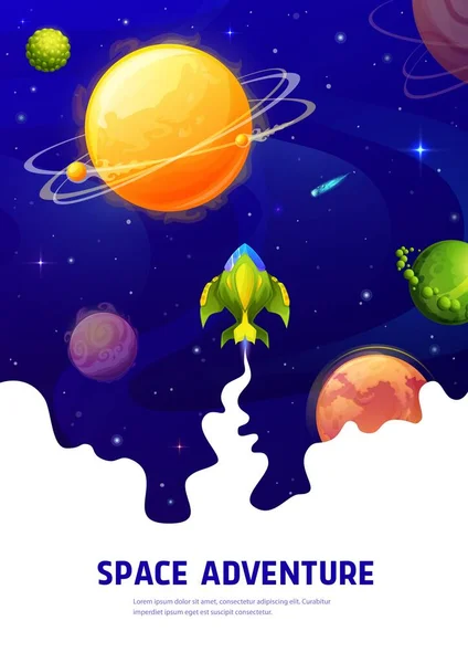 Plakat Kosmicznej Przygody Kreskówkowy Statek Kosmiczny Galaktyce Planety Kosmiczne Gwiazdy — Wektor stockowy