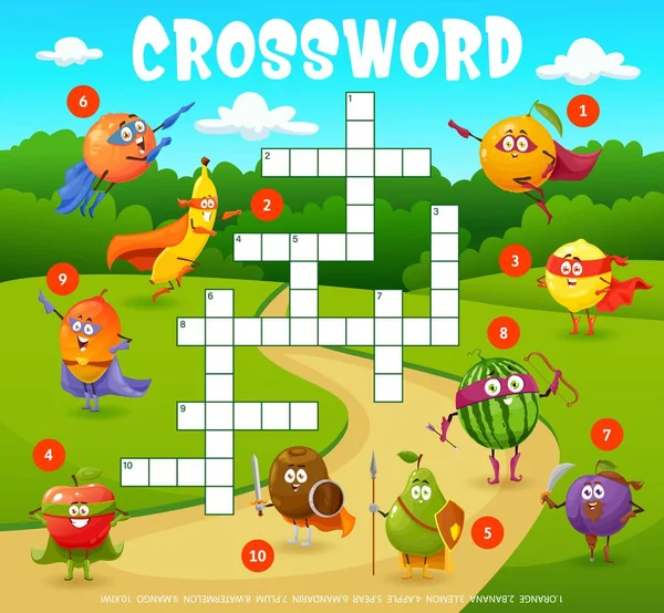 Crossword Grid Desenhos Animados Frutas Engraçadas Personagens Super Heróis Jogo — Vetor de Stock