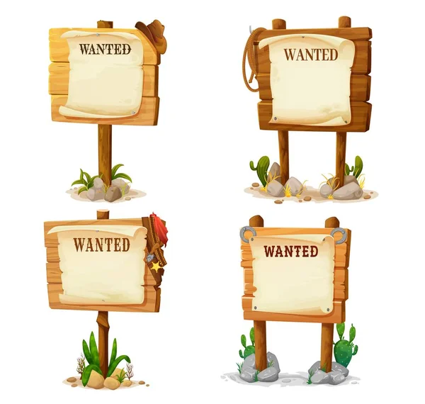 Wooden Signs Cartoon Western Wanted Boards Vector Wild West Banners — Stock Vector