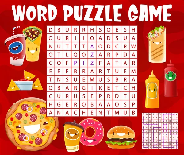 Word Search Puzzle Game Cartoon Cheerful Takeaway Fast Food Characters — Stock Vector