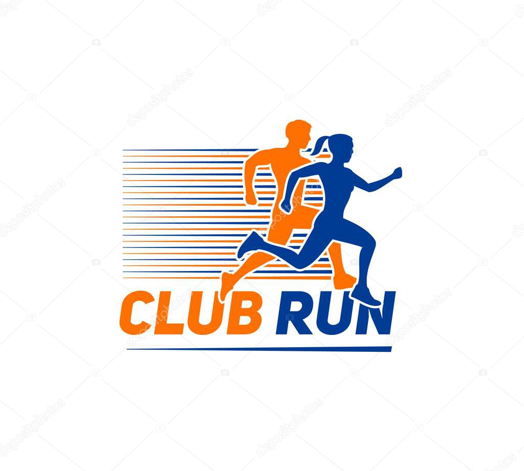Marathon run sport icon with vector silhouettes of runner or athlete. Man and woman running marathon or sprint tournament. Jogging people blue orange symbol of run sport club and foot race competition