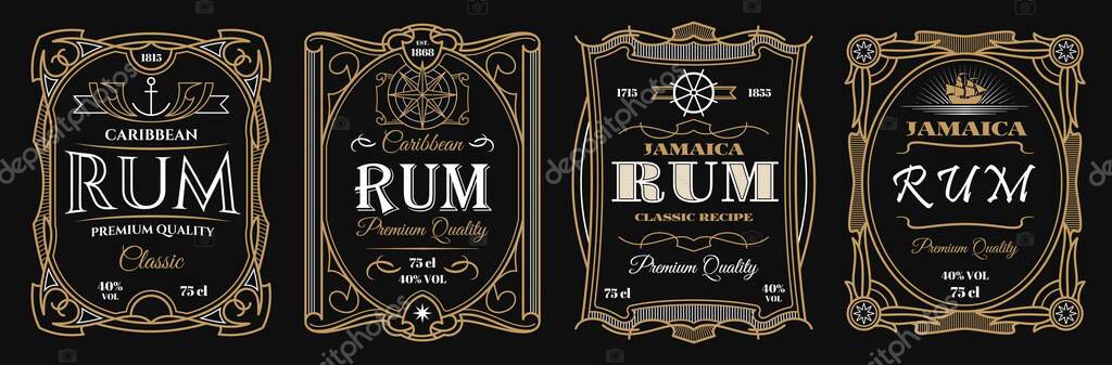 Vintage rum labels. Alcohol frames of liquor drink bottle with vector thin line pirate sail ship, anchor, helm and antique compass, golden flourishes and scrolls. Luxury labels for rum liquor