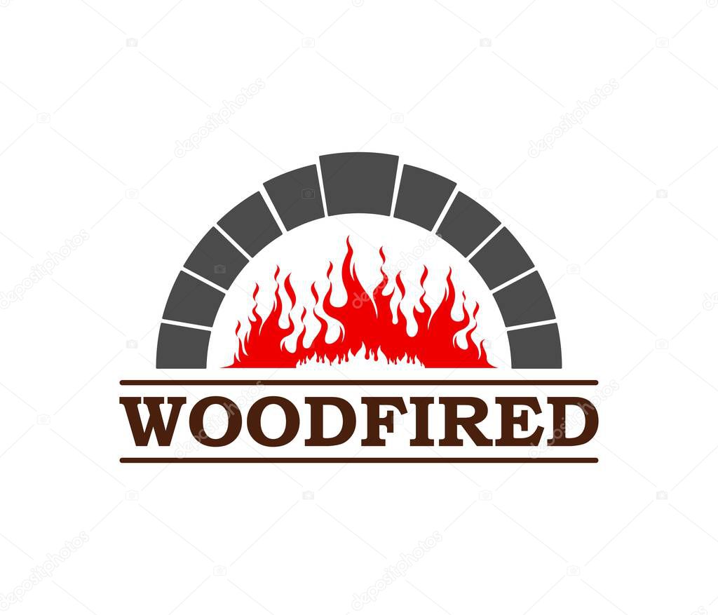 Fireplace, firewood stove icon. Pizzeria stone oven, barbeque bar fireplace with burning wood logs or bakery shop cooking stove vector icon. Italian cuisine restaurant firewood chimney emblem or sign